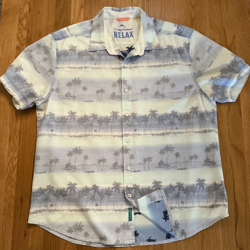 Tommy Bahama Relax Shirt XL Cotton Tencel Palm Print Camp Button Up Blue